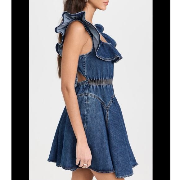 Self-portrait denim ruffle dress mini flirty open back with bow size 4 feminine - Picture 3 of 11